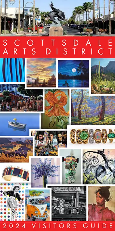 Brochure cover for the Scottsdale Gallery Association 2024 visitor's guide with a mosaic layout of various artworks.